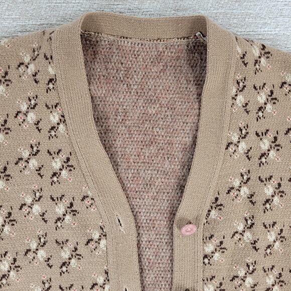 Vintage Floral Thick Knit Cardigan Womens L Mauve Tan Button Front Sweater - Picture 16 of 16
